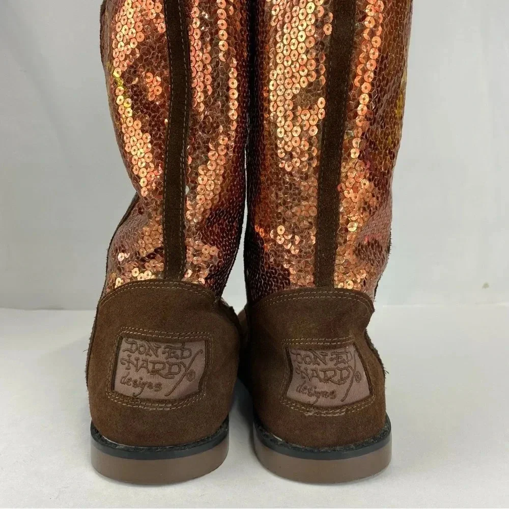 Ed Hardy Womens 6 Brown Sequin Rainbow Tiger Print Suede Leather Boots